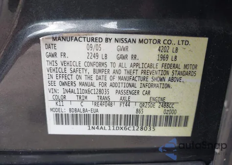 2006 Nissan Altima 2.5 S z USA, uszkodzony, nr VIN 1N4AL11DX6C128035